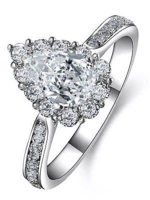 Pear Cut White Sapphire Engagement Ring - Halo Sterling Silver Wedding Ring