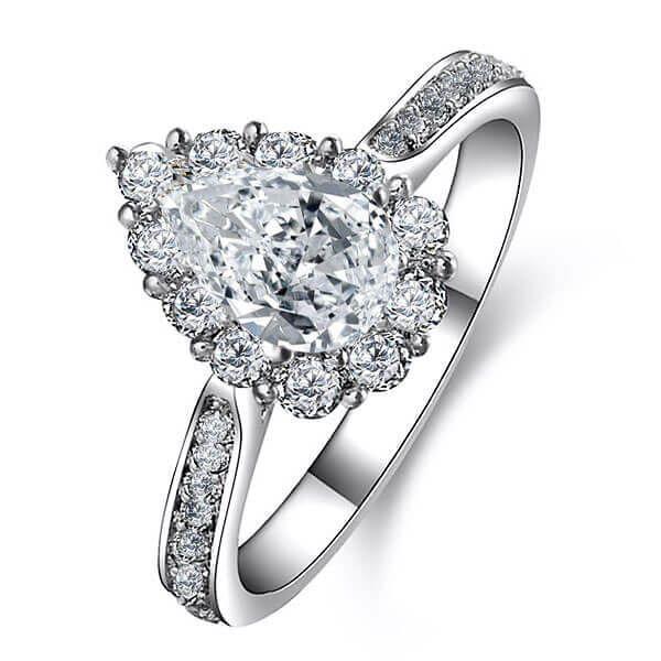 Pear Cut White Sapphire Engagement Ring - Halo Sterling Silver Wedding Ring