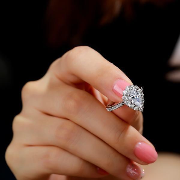 Pear Cut White Sapphire Engagement Ring - Halo Sterling Silver Wedding Ring