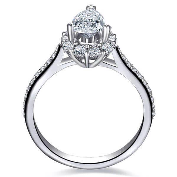 Pear Cut White Sapphire Engagement Ring - Halo Sterling Silver Wedding Ring