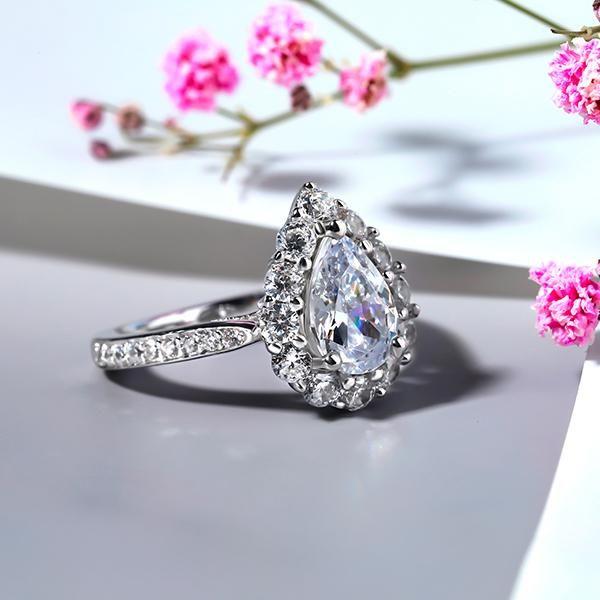 Pear Cut White Sapphire Engagement Ring - Halo Sterling Silver Wedding Ring