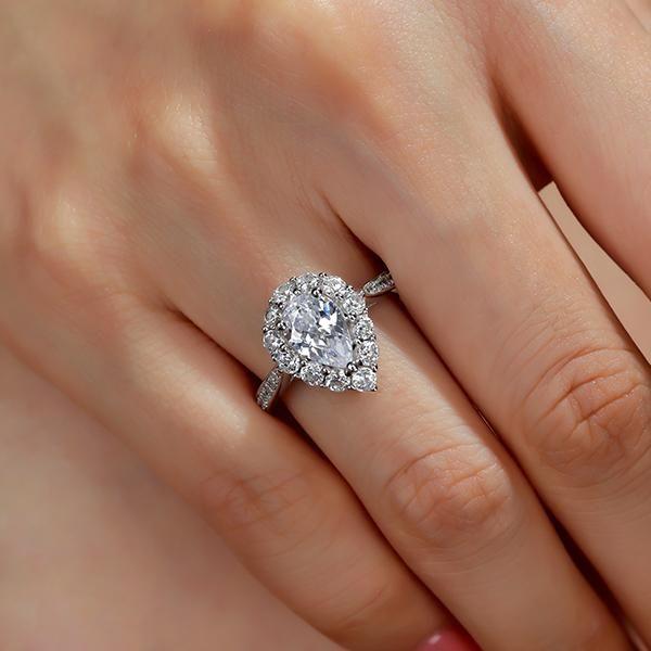 Pear Cut White Sapphire Engagement Ring - Halo Sterling Silver Wedding Ring