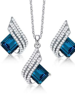 Emerald & Aquamarine Necklace and Earrings Set - 925 Sterling Silver