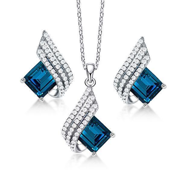 Emerald & Aquamarine Necklace and Earrings Set - 925 Sterling Silver