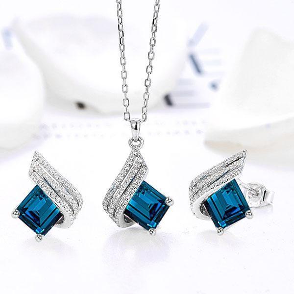 Emerald & Aquamarine Necklace and Earrings Set - 925 Sterling Silver