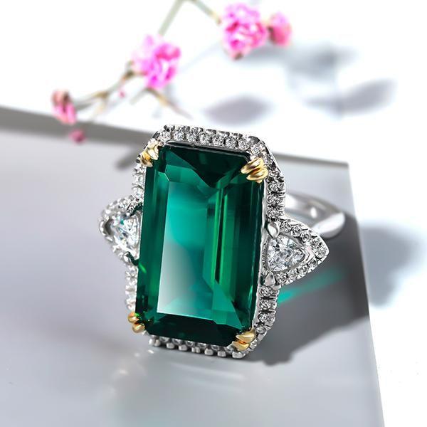 Emerald Cut Halo Engagement Ring, Two-Tone Sterling Silver, 18.50 CTW