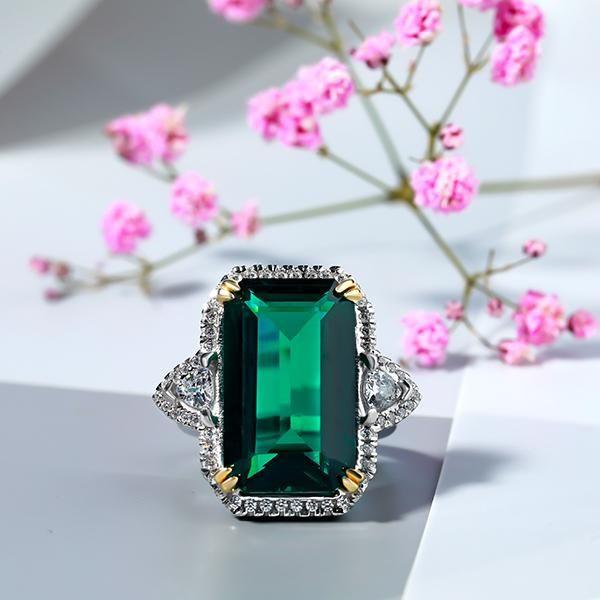 Emerald Cut Halo Engagement Ring, Two-Tone Sterling Silver, 18.50 CTW