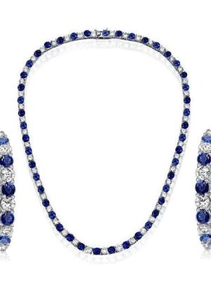 White and Blue Sapphire Tennis Necklace and Hoop Earrings Jewelry Set in 925 Sterling Silver