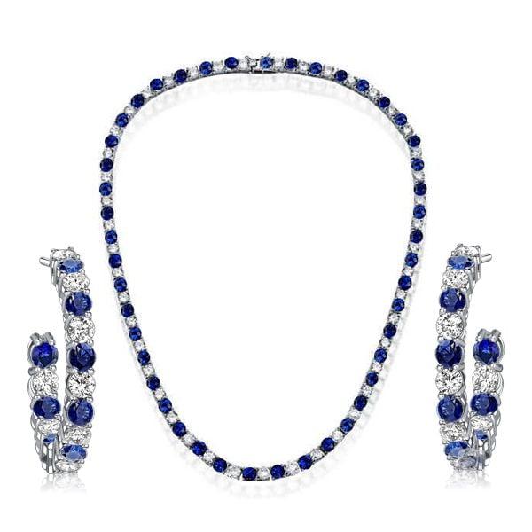 White and Blue Sapphire Tennis Necklace and Hoop Earrings Jewelry Set in 925 Sterling Silver