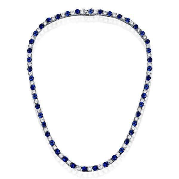 White and Blue Sapphire Tennis Necklace and Hoop Earrings Jewelry Set in 925 Sterling Silver