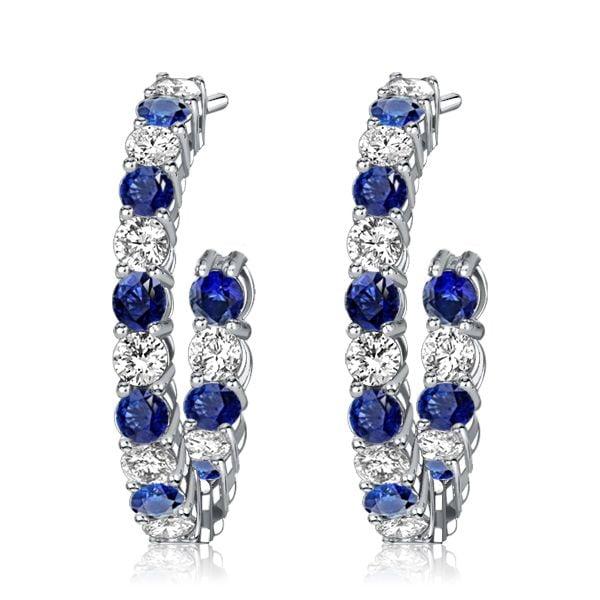 White and Blue Sapphire Tennis Necklace and Hoop Earrings Jewelry Set in 925 Sterling Silver