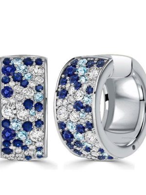 Blue Sapphire Huggie Hoop Earrings | Sterling Silver Multi-Row Design