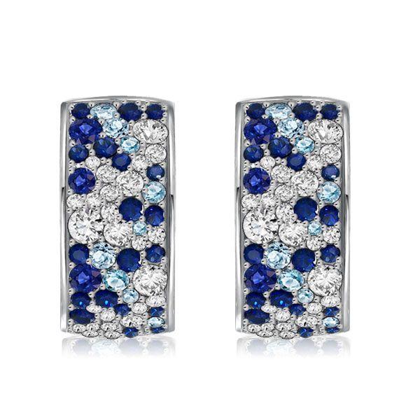 Blue Sapphire Huggie Hoop Earrings | Sterling Silver Multi-Row Design