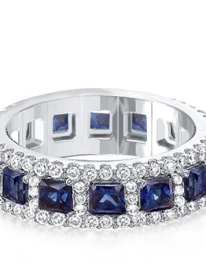 Halo Eternity Blue Asscher Cut Wedding Band - 925 Sterling Silver