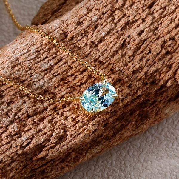 Golden Oval Aquamarine Solitaire Pendant Necklace - 18K Gold Plated Sterling Silver