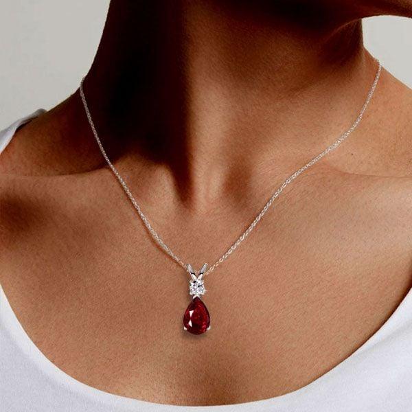 Teardrop Pear Cut Ruby Pendant Necklace for Women in 925 Sterling Silver