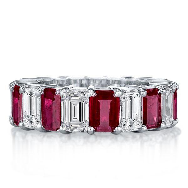 Emerald Cut Ruby Eternity Band - 925 Sterling Silver Wedding Ring