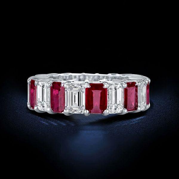 Emerald Cut Ruby Eternity Band - 925 Sterling Silver Wedding Ring