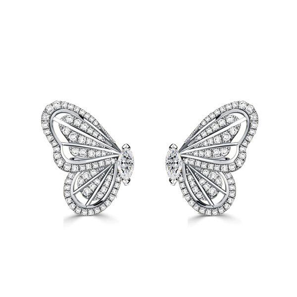 Dancing Butterfly White Sapphire Stud Earrings - 925 Sterling Silver