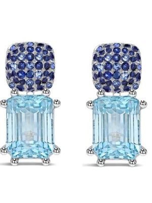 Micro Pave Emerald Cut Blue Sapphire & Aquamarine Dangle Earrings in Rhodium Plated Sterling Silver