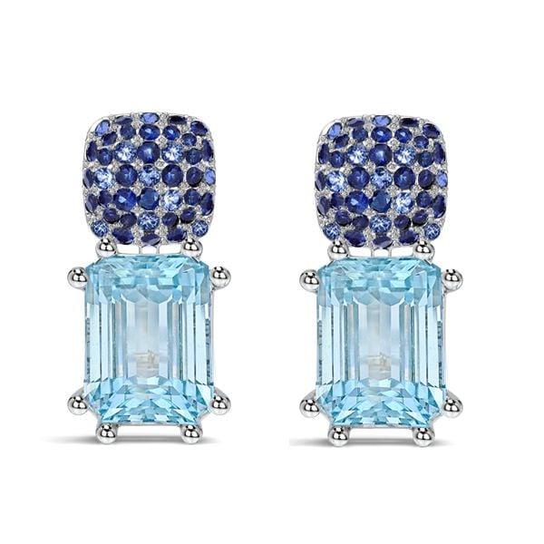 Micro Pave Emerald Cut Blue Sapphire & Aquamarine Dangle Earrings in Rhodium Plated Sterling Silver