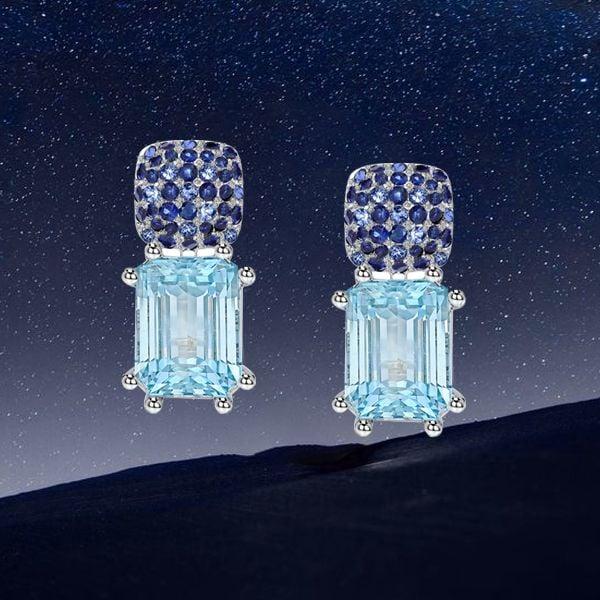 Micro Pave Emerald Cut Blue Sapphire & Aquamarine Dangle Earrings in Rhodium Plated Sterling Silver