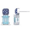 Micro Pave Emerald Cut Blue Sapphire & Aquamarine Dangle Earrings in Rhodium Plated Sterling Silver