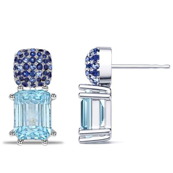 Micro Pave Emerald Cut Blue Sapphire & Aquamarine Dangle Earrings in Rhodium Plated Sterling Silver