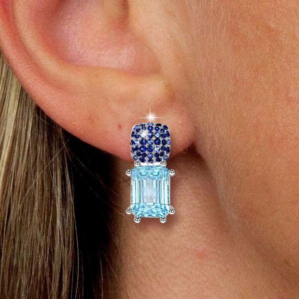 Micro Pave Emerald Cut Blue Sapphire & Aquamarine Dangle Earrings in Rhodium Plated Sterling Silver