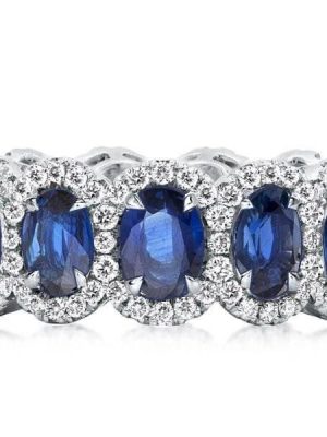 Created Sapphire Round and Oval Halo Wedding Band in Rhodium Plated Sterling Silver