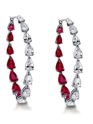 Pear Cut Ruby Inside-Out Hoop Earrings for Women in Rhodium-Plated Sterling Silver
