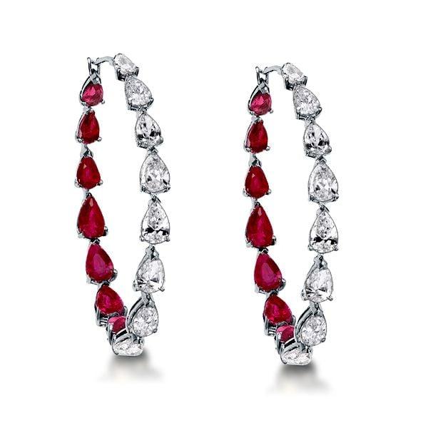 Pear Cut Ruby Inside-Out Hoop Earrings for Women in Rhodium-Plated Sterling Silver