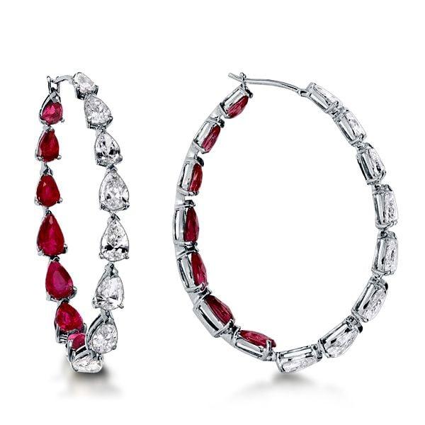 Pear Cut Ruby Inside-Out Hoop Earrings for Women in Rhodium-Plated Sterling Silver