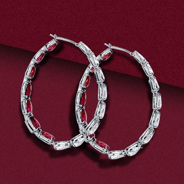 Pear Cut Ruby Inside-Out Hoop Earrings for Women in Rhodium-Plated Sterling Silver