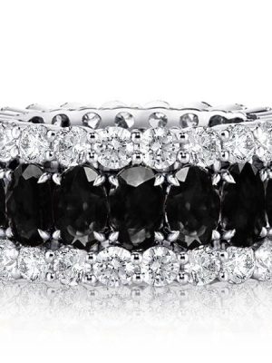 Black Sapphire Oval Cut Triple Row Wedding Band for Women in Sterling Silver