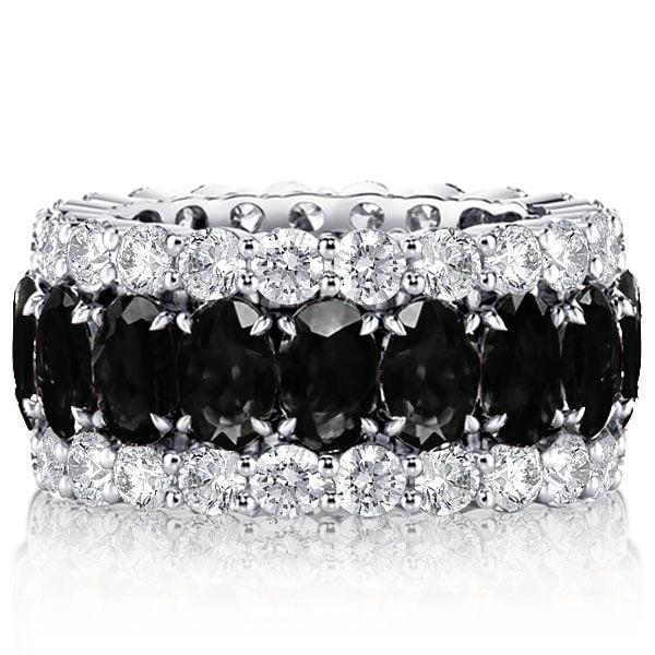 Black Sapphire Oval Cut Triple Row Wedding Band for Women in Sterling Silver