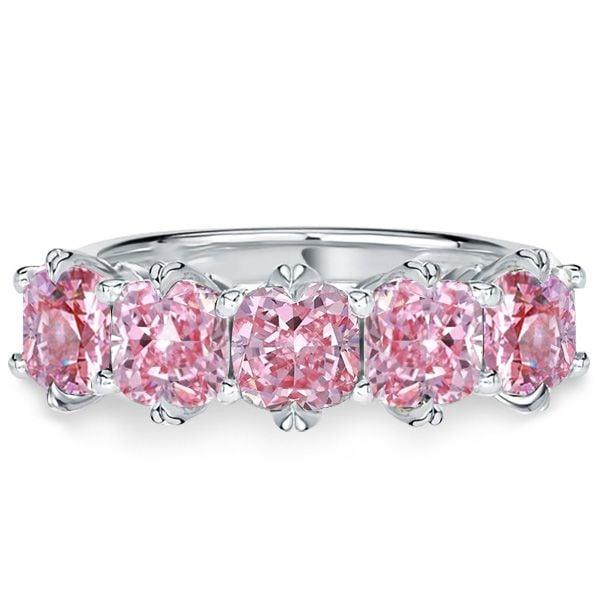 Five Stone Pink Sapphire Wedding Band in Sterling Silver with Cushion Cut Stones