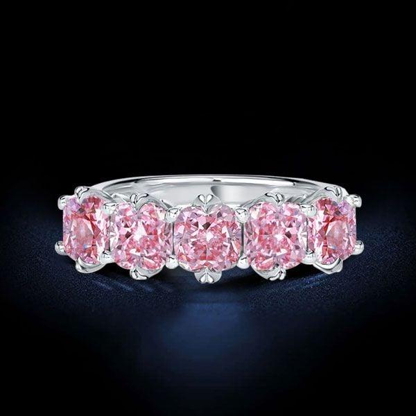 Five Stone Pink Sapphire Wedding Band in Sterling Silver with Cushion Cut Stones