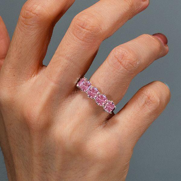 Five Stone Pink Sapphire Wedding Band in Sterling Silver with Cushion Cut Stones