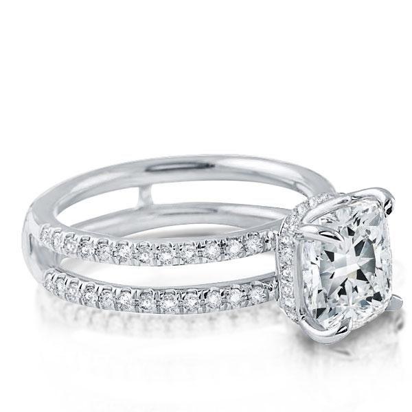 Sterling Silver Double Row White Sapphire Engagement Ring Wedding Band Set