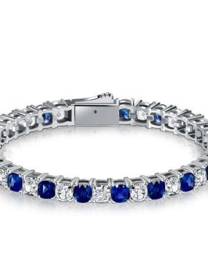 Sterling Silver Cushion Cut Eternity Bracelet with White & Blue Stones for Weddings