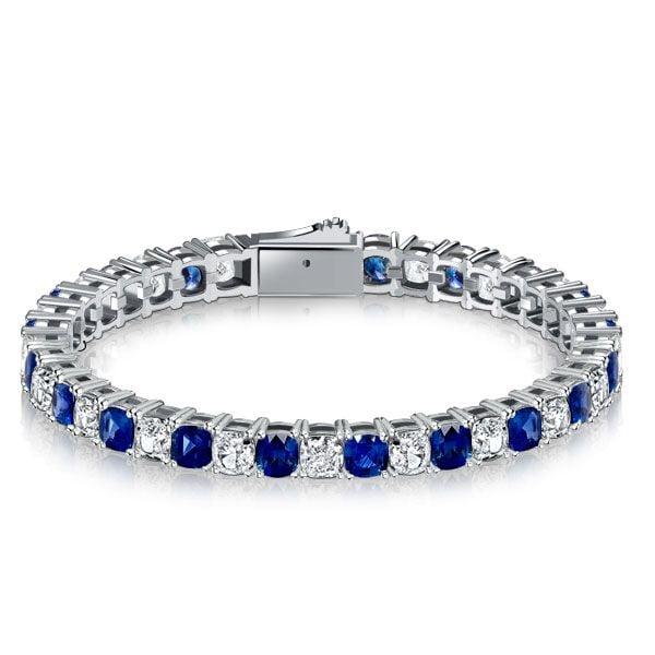 Sterling Silver Cushion Cut Eternity Bracelet with White & Blue Stones for Weddings