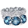 Blue Topaz Three Stone Engagement & Wedding Ring Set - Sterling Silver