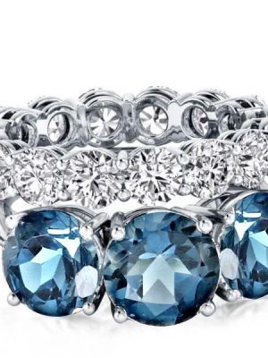Blue Topaz Three Stone Engagement & Wedding Ring Set - Sterling Silver