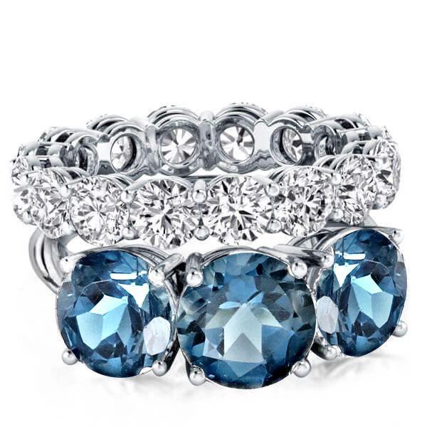 Blue Topaz Three Stone Engagement & Wedding Ring Set - Sterling Silver