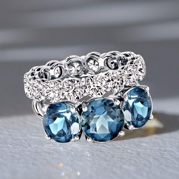 Blue Topaz Three Stone Engagement & Wedding Ring Set - Sterling Silver