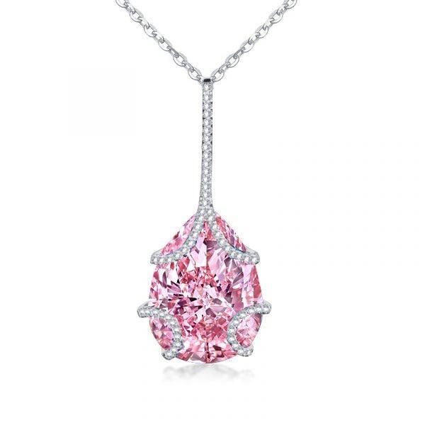 Pink Pear Drop Sterling Silver Necklace for Women - Rhodium Plated