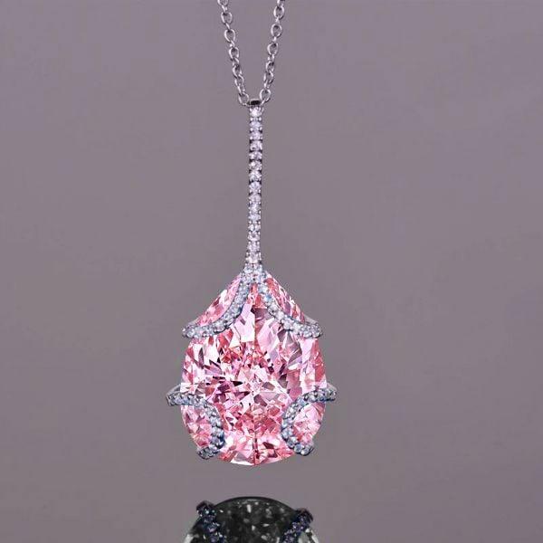 Pink Pear Drop Sterling Silver Necklace for Women - Rhodium Plated