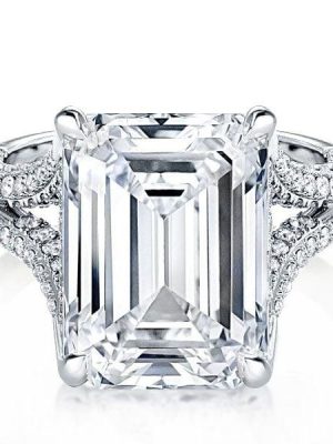 Split Shank Emerald Cut Engagement Ring in Rhodium Plated 925 Sterling Silver
