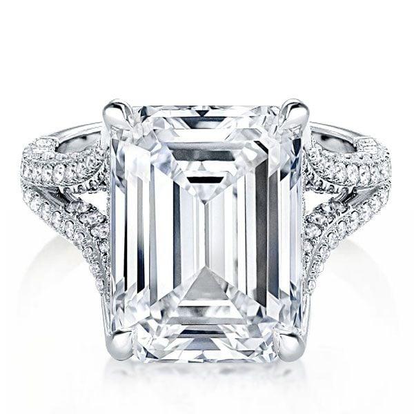 Split Shank Emerald Cut Engagement Ring in Rhodium Plated 925 Sterling Silver